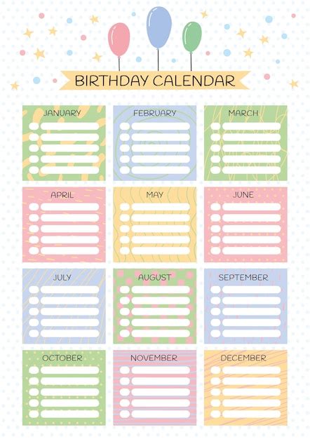 Free Vector Hand Drawn Birthday Calendar Template Design