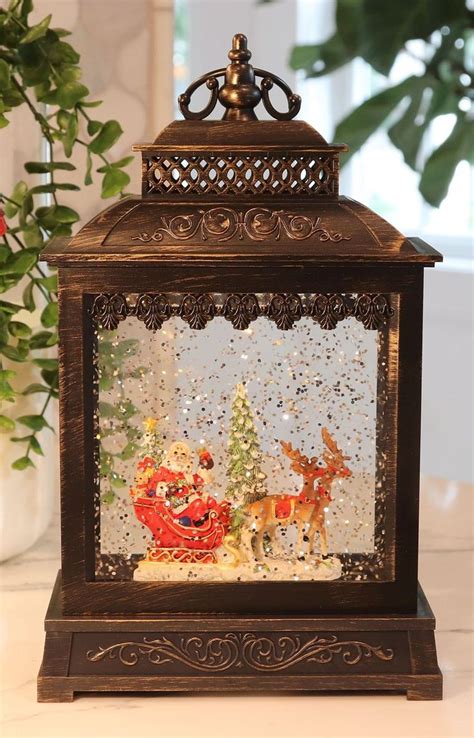 Ornate Antique Rubbed Bronze Lantern With Santa And His Reindeer Ready