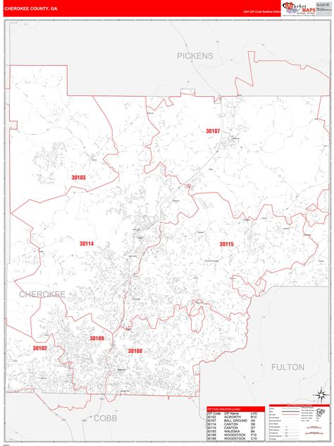 Cherokee County Ga Zip Code Wall Map Red Line Style By Marketmaps