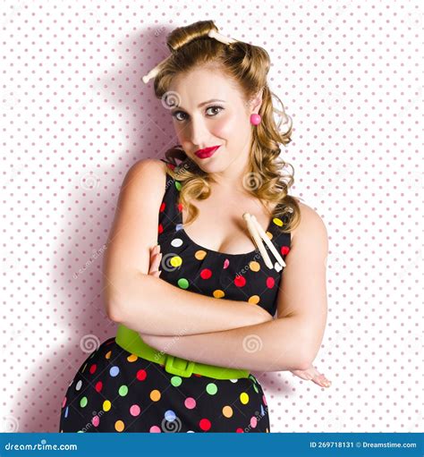 Pretty Retro Cleaning Lady On Polka Dot Background Stock Image Image Of Classic Indoors