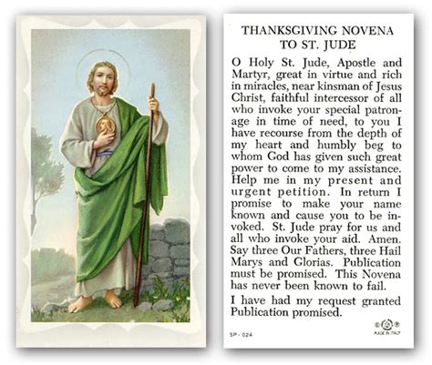 Thanksgiving Novena To St Jude Prayerholy Card Paper100 St