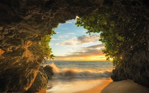 Download Horizon Sunset Sea Ocean Beach Nature Cave Hd Wallpaper