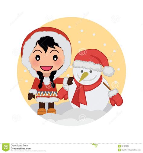Cute Girl Celebrating Christmas With Snowman Stock Vector