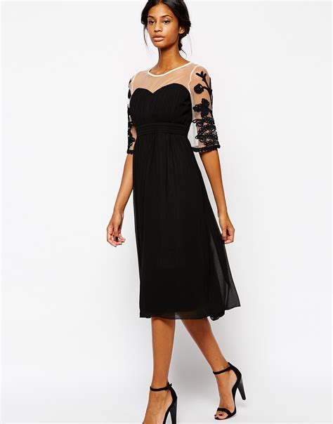 Lyst Little Mistress Midi Prom Dress With Embroidered Sleeves In Black