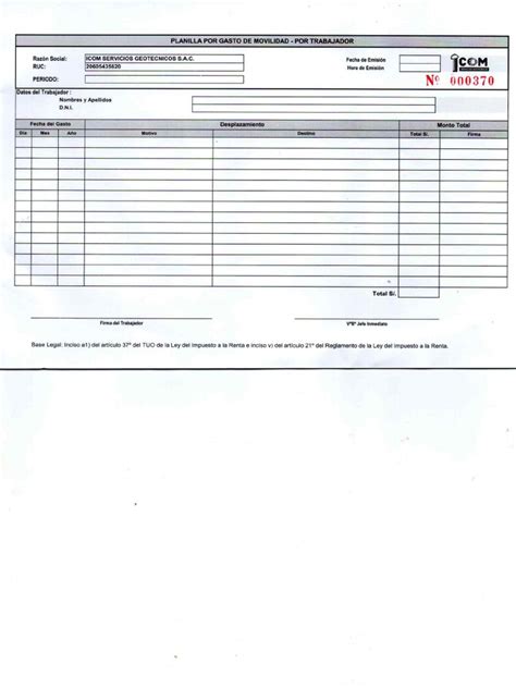 Formato De Planilla De Gastos De Movilidad Pdf