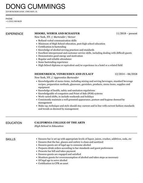 Bartender Resume Samples Velvet Jobs