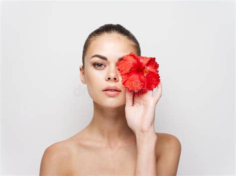 Pretty Woman Naked Shoulders Red Flower Near Face Cosmetics Cropped