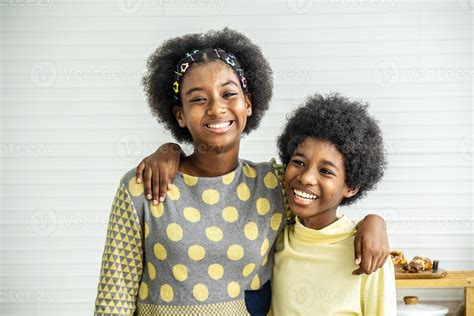 Happy Kidstwo Cute Adorable Siblings African American Children Hug The