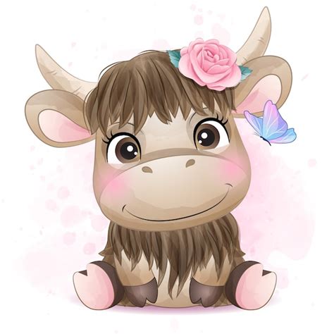 Premium Vector Cute Little Buffalo With Watercolor Illustration