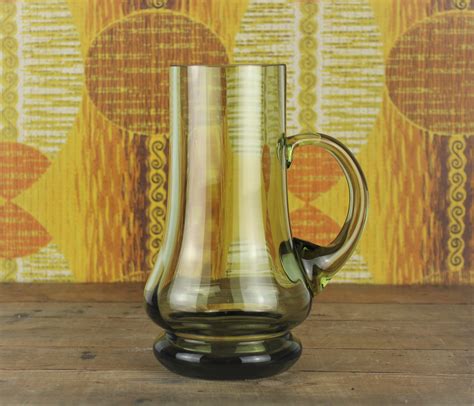 Mid Century Olive Green Glass Vase With Handle Etsy