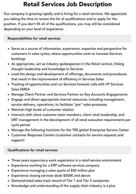 Retail Services Job Description Velvet Jobs