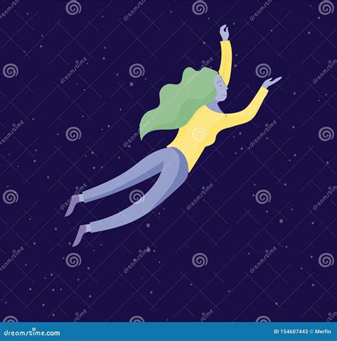 Inspired Woman Flying In Space Character Moving And Floating In Dreams
