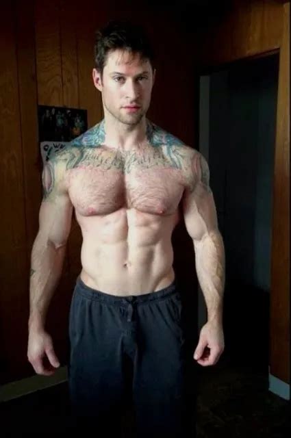 Shirtless Male Beefcake Muscular Dude Pumped Hairy Chest Tats Ink Photo