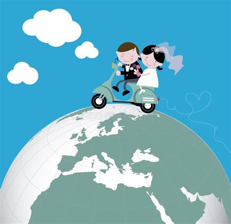 Newlyweds Vespa Scooter Ride Honeymoon Stock Illustration