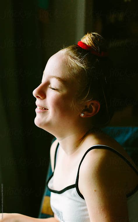 Smiling Preteen Girl With Eyes Closed By Helen Rushbrooksexiz Pix
