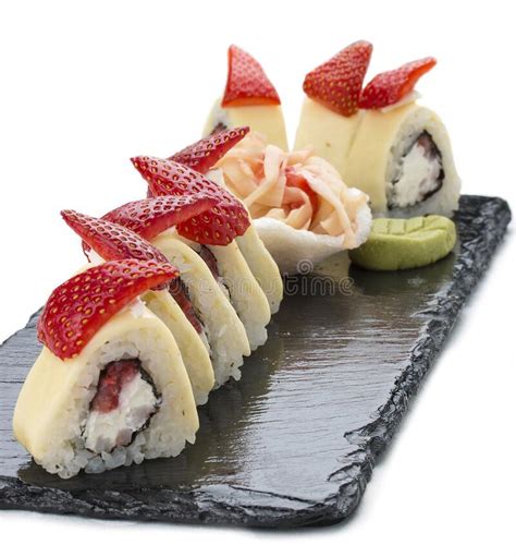 Sushi Roll With Philadelphia Cheese And Strawberries On White