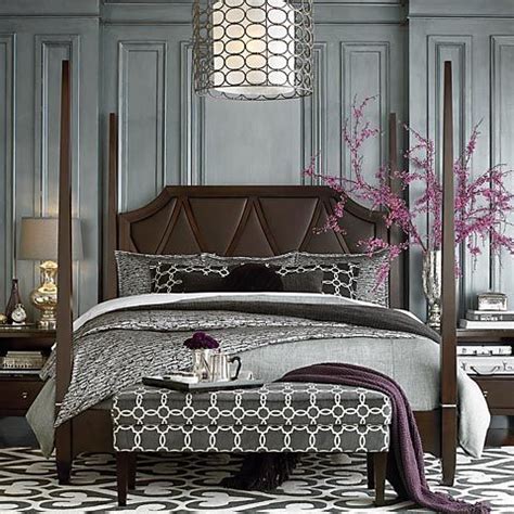 Dark, modern furniture with clean lines and metal trim play second fiddle in this instance. Gorgeous bedroom 4 poster bed, geometric fabric bench ...