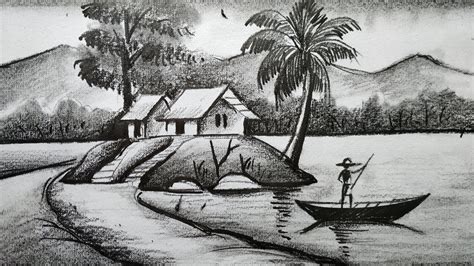 How To Draw Easy Pencil Sketch Scenerylandscapepahar And River Side