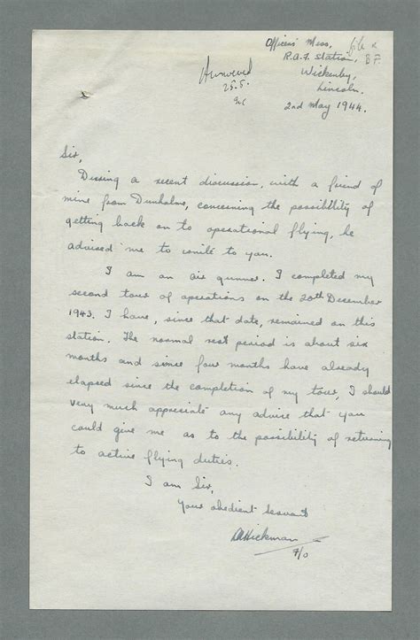 Letter To Leonard Cheshire From Flying Officer A Hickman · Ibcc Digital
