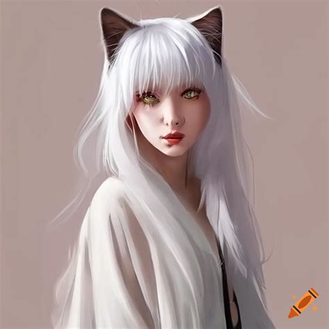 Woman With Long White Hair And Spotted Cat Ears