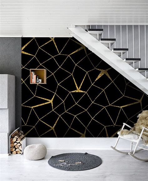 Mosaic Gold Black Removable Wallpaper Golden And Black Wall Etsy