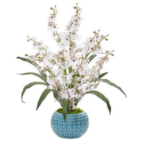 Nearly Natural 1822 Wh Dancing Lady Orchid Artificial Arrangement In Blue Vase White 1 Fred