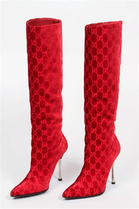 1997 Tom Ford For Gucci Red Brushed Velvet Guccissima Boots W