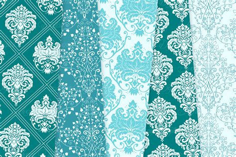 Hand painted in the style of vintage botanical art, on the background of faded texts. 28 Teal Damask Patterns - Seamless Digital Papers Bundle ...