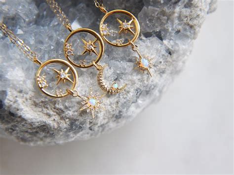 Dainty North Star Necklace Gold Opal Necklace Crescent Moon Etsy