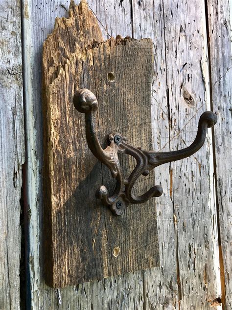 Rustic Cast Iron Coat Hooks On Weathered Barnboard Farmhouse Etsy