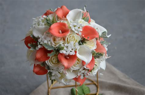 Coral Ivory Bridal Bouquet Faux Real Touch Flowers Coral Etsy