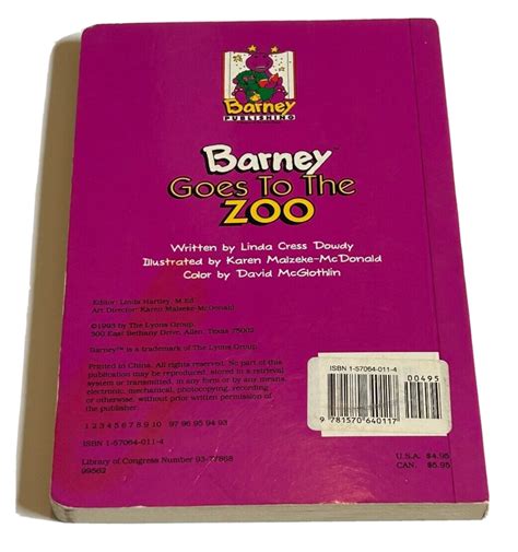 Barney Goes To The Zoo Written By Linda Cress Dowdy Ebay