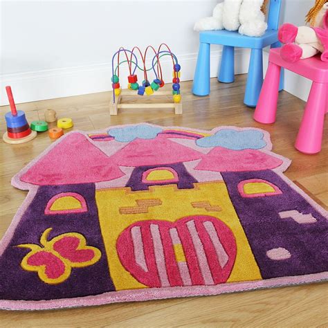 Girls Pink Fairytale Castle Childrens Bedroom Rug Soft Easy Clean