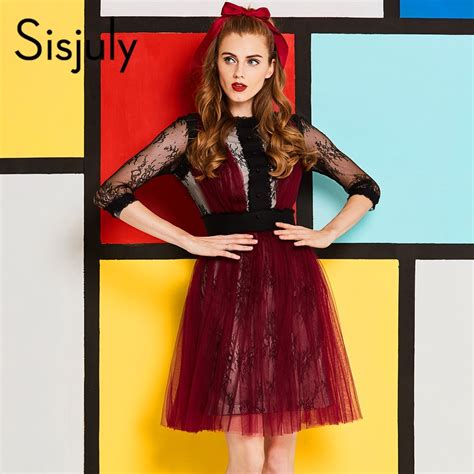 Sisjuly Womens Sexy Lace Mesh Vintage Dress Female 34 Sleeve Color Block Patchwork Tulle See
