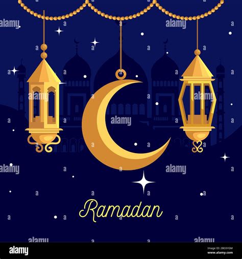 Ramadan Kareem Poster With Lanterns And Moon Hanging Stock Vector Image