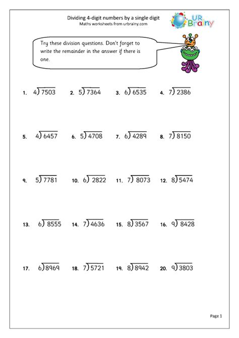 Dividing 4 Digit By 1 Digit Numbers Worksheet