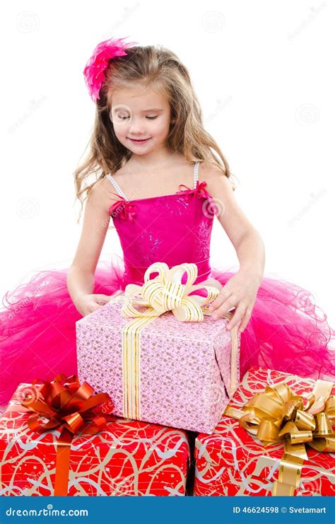 Surprised Adorable Little Girl With Christmas T Boxes Stock Photo