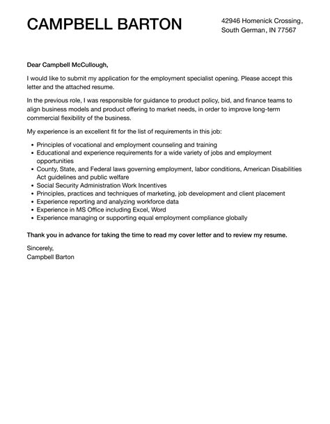 Employment Specialist Cover Letter Velvet Jobs