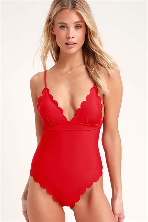 Cute Red Swimsuit Scalloped Swimsuit One Piece Swimsuit Lulus