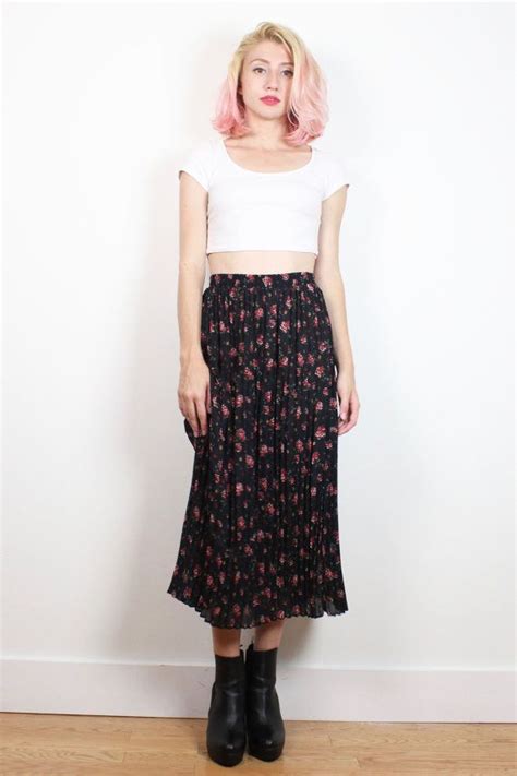 Vintage 1990s Skirt Black Pin Pleated Liberty Ditsy Floral Print Midi