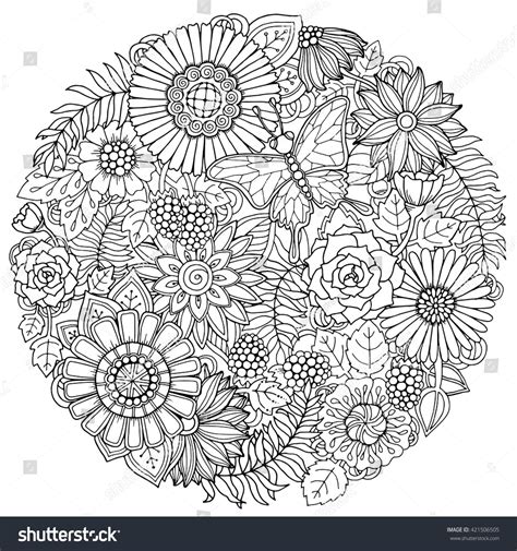 For fuller flowers, cut out more than 5 circles. Circle summer doodle flower ornament with butterfly. Hand ...