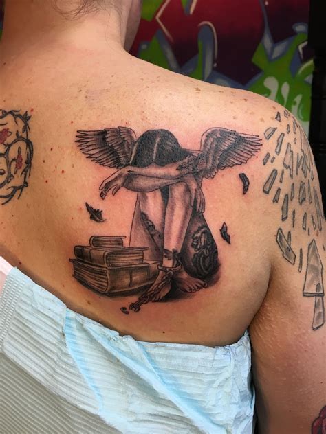 However, tattoos of angels can also take an entirely different meaning, such as rebellion, pain or suffering, when the tattoo design is of a warrior angel or the angel of death. Fallen Angel tattoo with books. @jo3ball | Tattoos, Body ...