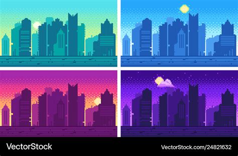 Pixel Art Cityscape Town Street 8 Bit City Vector Image