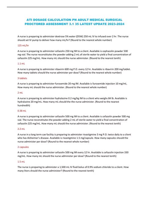 ATI DOSAGE CALCULATION PN ADULT MEDICAL SURGICAL PROCTORED ASSESSMENT 3