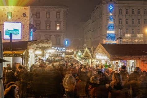 Budapest Hungary Christmas Market And Illuminated Tree At St Stephen