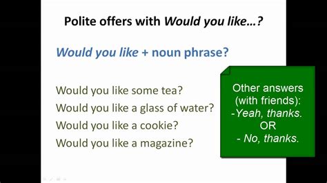 I would like is followed by an infinitive verb or a noun. Lesson 63 - Would you like...? (polite requests and ...