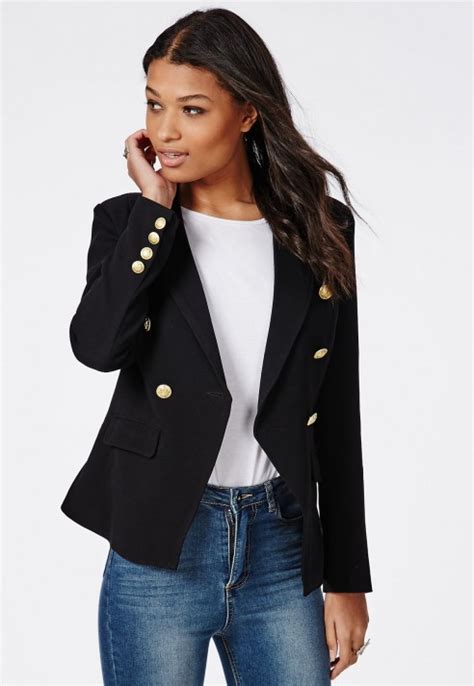 Missguided Woven Gold Button Tailored Blazer Black In Black Lyst