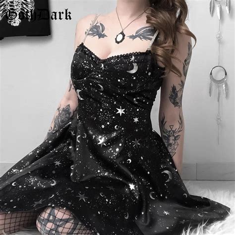 Print Elegant Grunge Gothic Dresses Pleated Black Summer
