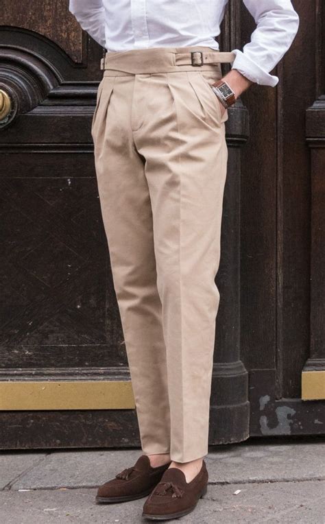 Beige Gurkha Double Pleated Trousers Pants Outfit Men Slim Fit Dress