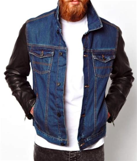 Mens Blue Jean Denim Jacket With Leather Sleeves Jackets Expert